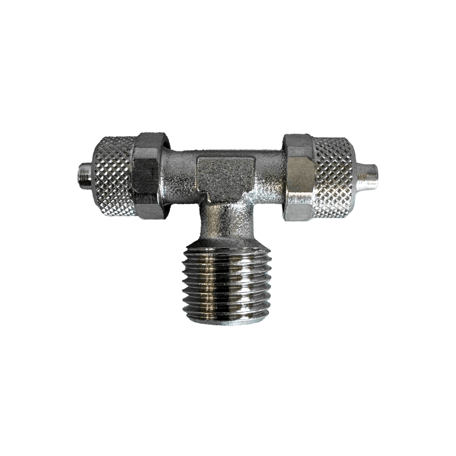 T-Stück 1/4``außen für 2x6mm Schlauch konisch vernickelt